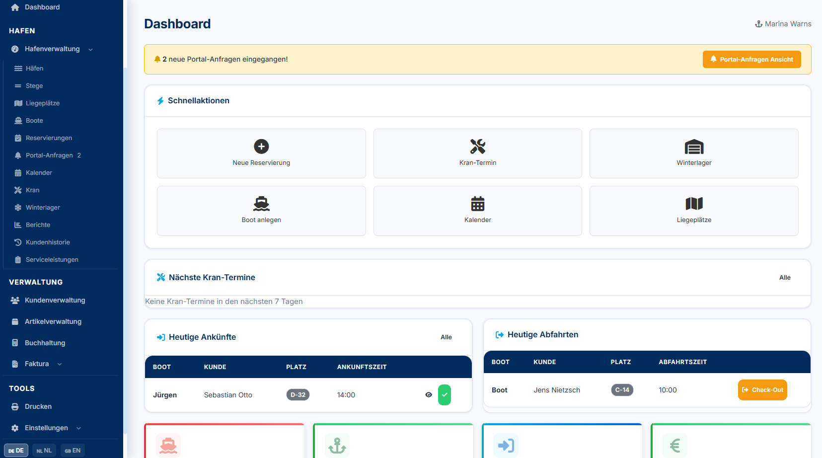 ITN Marina Management – Admin-Dashboard mit Liegeplatz-Übersicht, Reservierungskalender und Umsatzstatistik